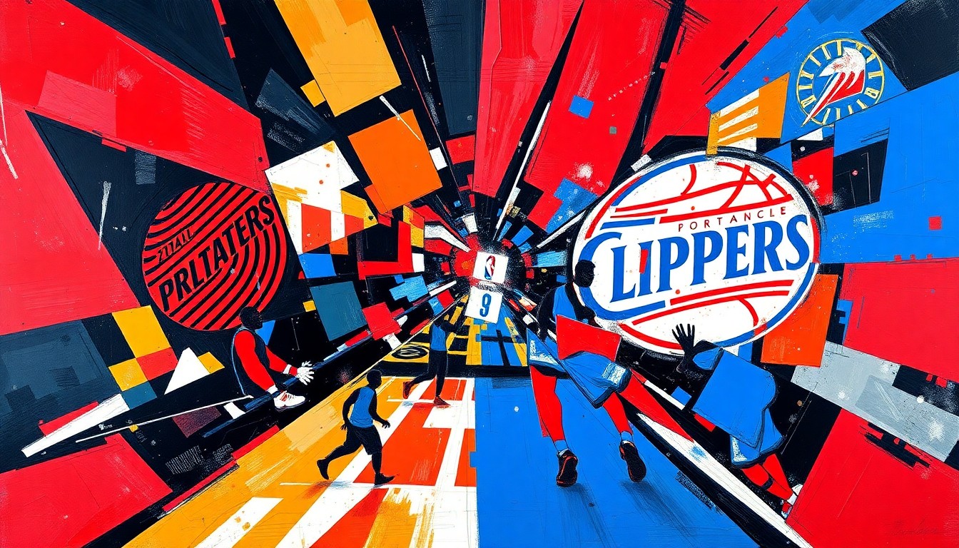 An abstract, fragmented painting in the style of Pablo Picasso, using sharp geometric shapes and planes of bright red, black, blue, and red to depict a basketball game between two teams in an energetic, conceptual manner.