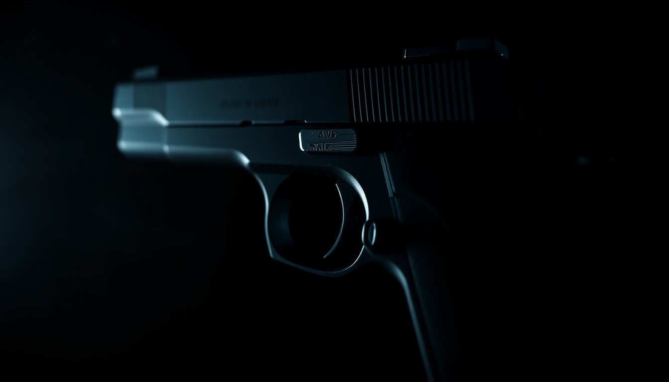 An extreme close-up of a handgun's trigger and grip, lit by a harsh, direct flash, creating a stark, gritty investigative aesthetic.