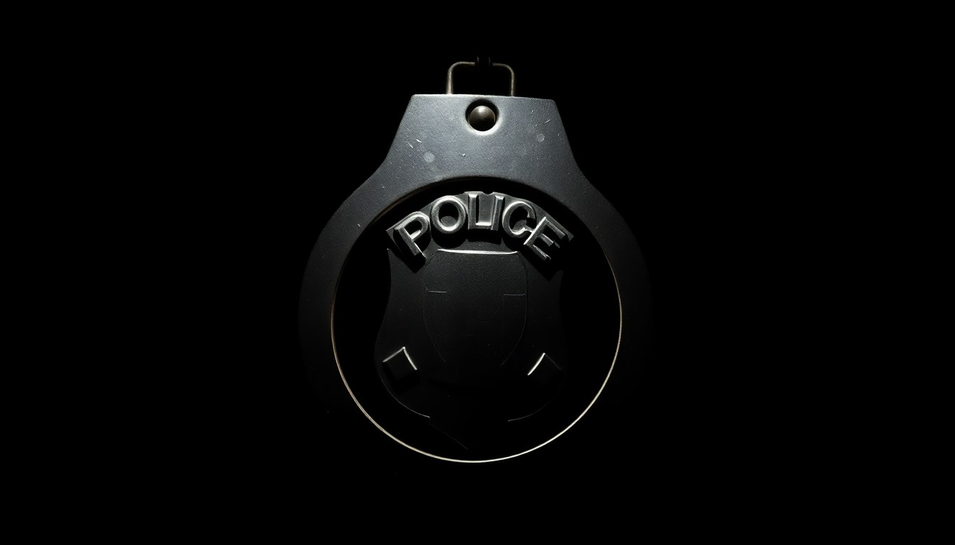 An extreme close-up photograph of a police badge or handcuffs lit by a harsh, direct camera flash against a pitch-black background, conveying a stark, gritty, investigative mood without words.