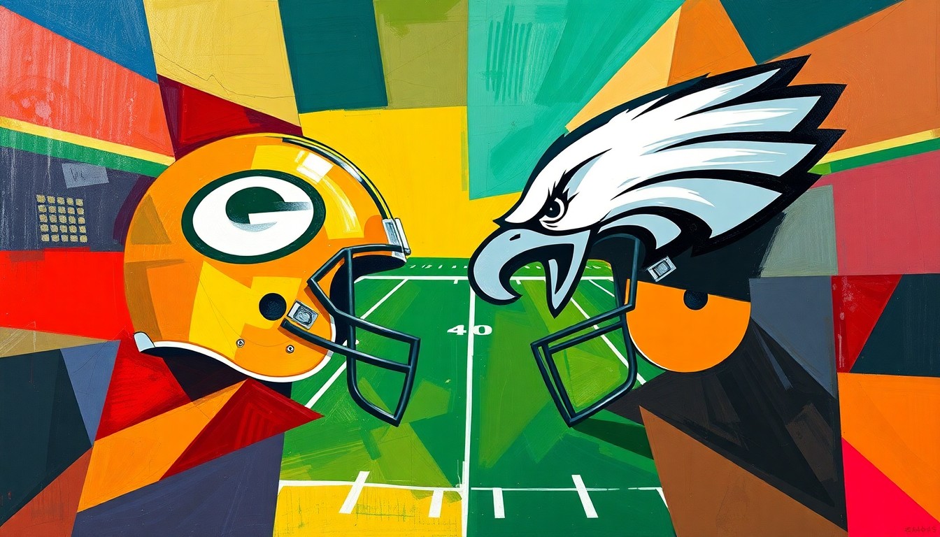 A fragmented, geometric painting depicting a football game, with the sharp planes and overlapping shapes reflecting the multifaceted nature of player trades in the NFL.