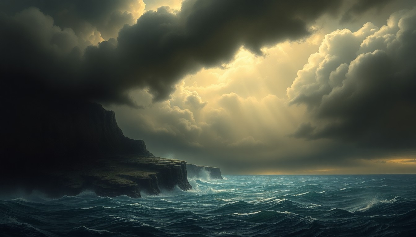 A vast, majestic landscape painting depicting an approaching storm system over a rugged, windswept coastline, with dark, ominous clouds looming overhead and dramatic backlighting creating a sense of scale and power in the natural world.