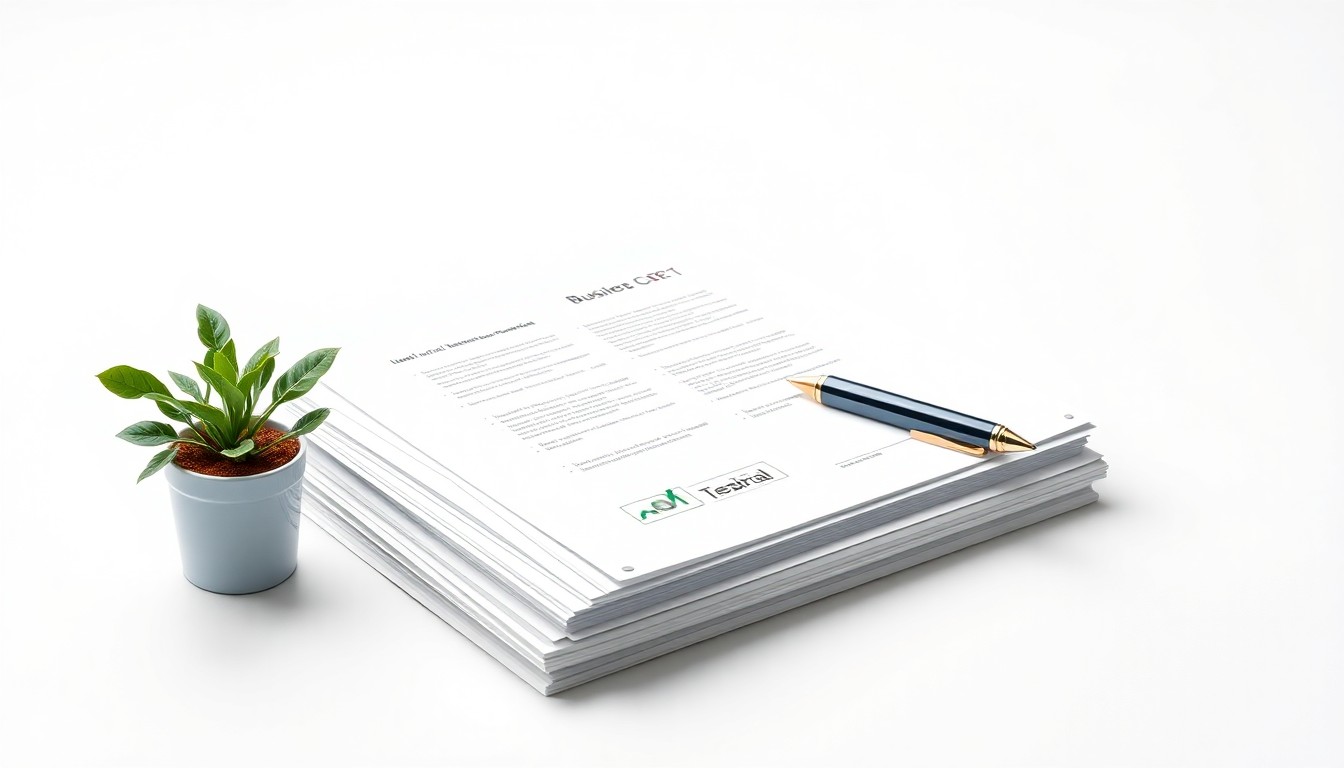 A minimalist studio still life featuring a stack of business documents, a pen, and a small potted plant, symbolizing the support and nurturing of new businesses.