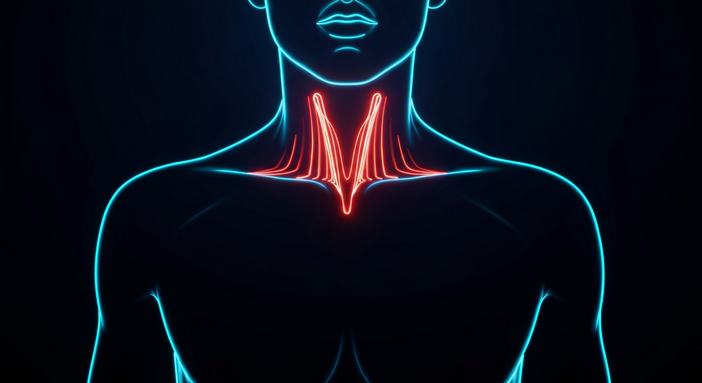 A glowing neon outline of a human chest and throat, with pulsing lines representing the soothing effects of Vicks VapoRub, set against a dark background to conceptually illustrate the brand's focus on accessible, trusted remedies.