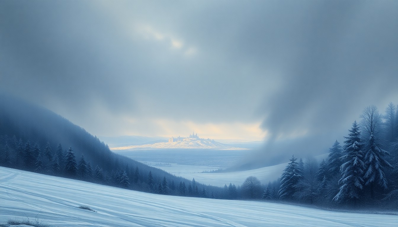 A vast, atmospheric landscape painting in muted blues, grays, and whites, depicting a heavy snowstorm sweeping across a rural landscape. In the distance, the faint outline of a small town or city skyline can be seen, dwarfed by the overwhelming power of the weather.
