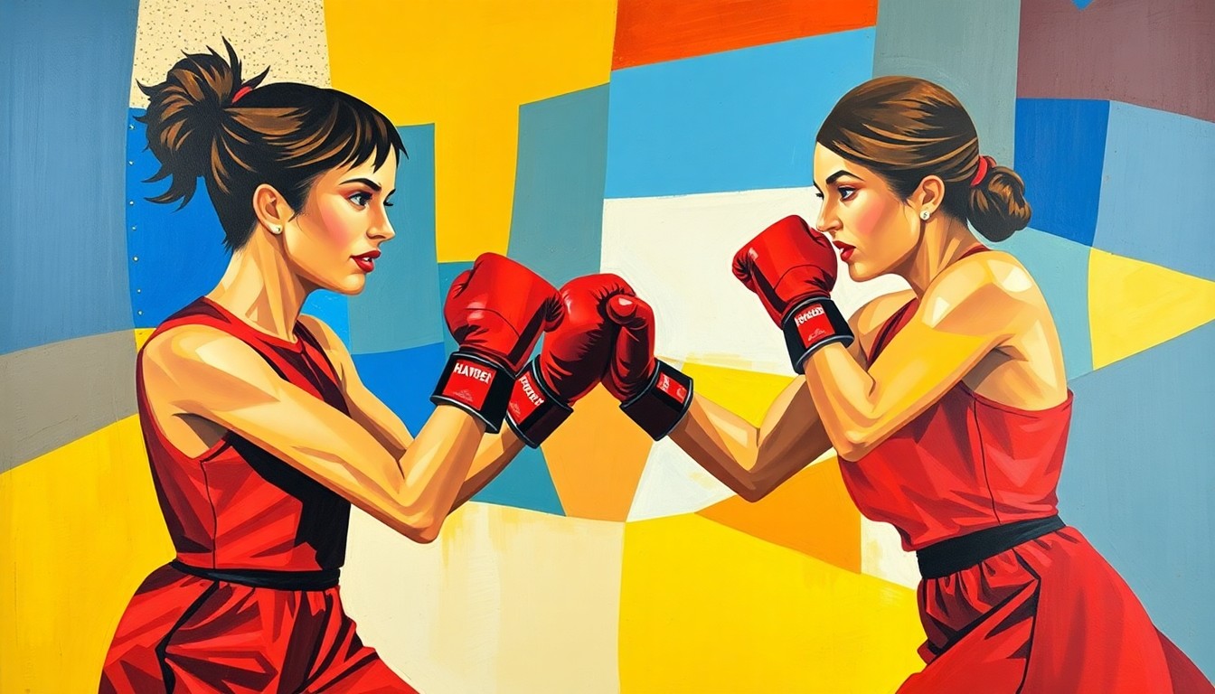 A cubist-style painting depicting a women's boxing match, with the figures and ring broken down into sharp, overlapping geometric shapes in vibrant colors, conveying the dynamic energy and progression of the sport.