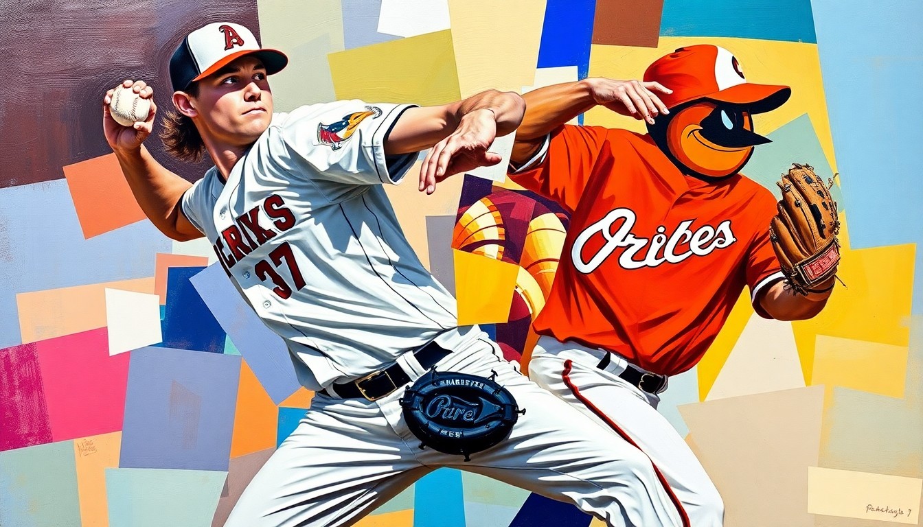 A fragmented, geometric painting depicting the motion of a baseball pitcher, with sharp planes of color representing the Diamondbacks and Orioles uniforms, conveying the complex dynamics of a veteran's return to the rotation.