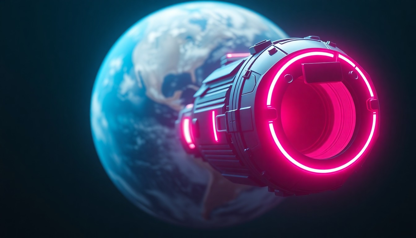 A highly detailed, glowing 3D illustration of the Orion capsule floating in space, with the Earth visible in the background, illuminated by vibrant neon lights, conceptually representing the use of consumer technology to capture breathtaking images from the depths of space.