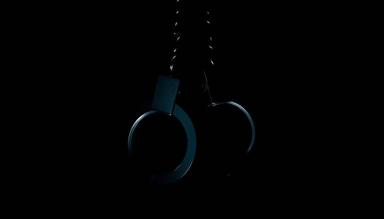 An extreme close-up photograph of a pair of handcuffs against a pitch-black background, the harsh flash creating dramatic shadows and highlights that convey a sense of gritty, investigative urgency.