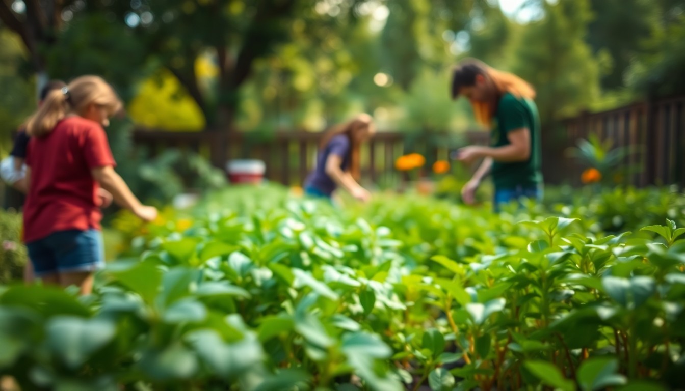 A softly focused, impressionistic photograph depicting a lush, verdant student garden with blurred figures of students tending to the plants, conveying a sense of warmth, intimacy, and the tactile experience of hands-on learning.