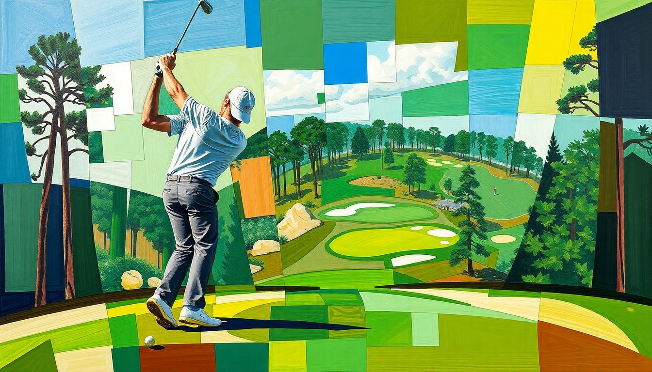 A cubist, geometric painting depicting a golfer's swing and the Augusta National course, with sharp, overlapping planes in shades of green, brown, and blue conveying the energy and difficulty of the Masters tournament.