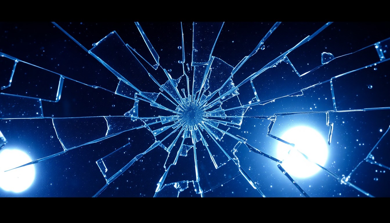 An abstract close-up photograph of a shattered, glittering glass surface in dramatic, high-contrast studio lighting, conveying the gritty and intense tone of the 'American Blue' crime drama.