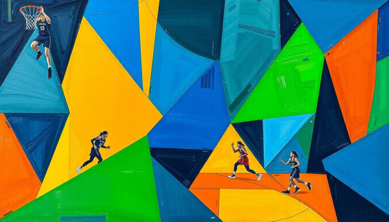 A fractured, geometric painting depicting the action and energy of a women's basketball game, with sharp planes of navy, green, and orange colors creating a dynamic, abstract composition.