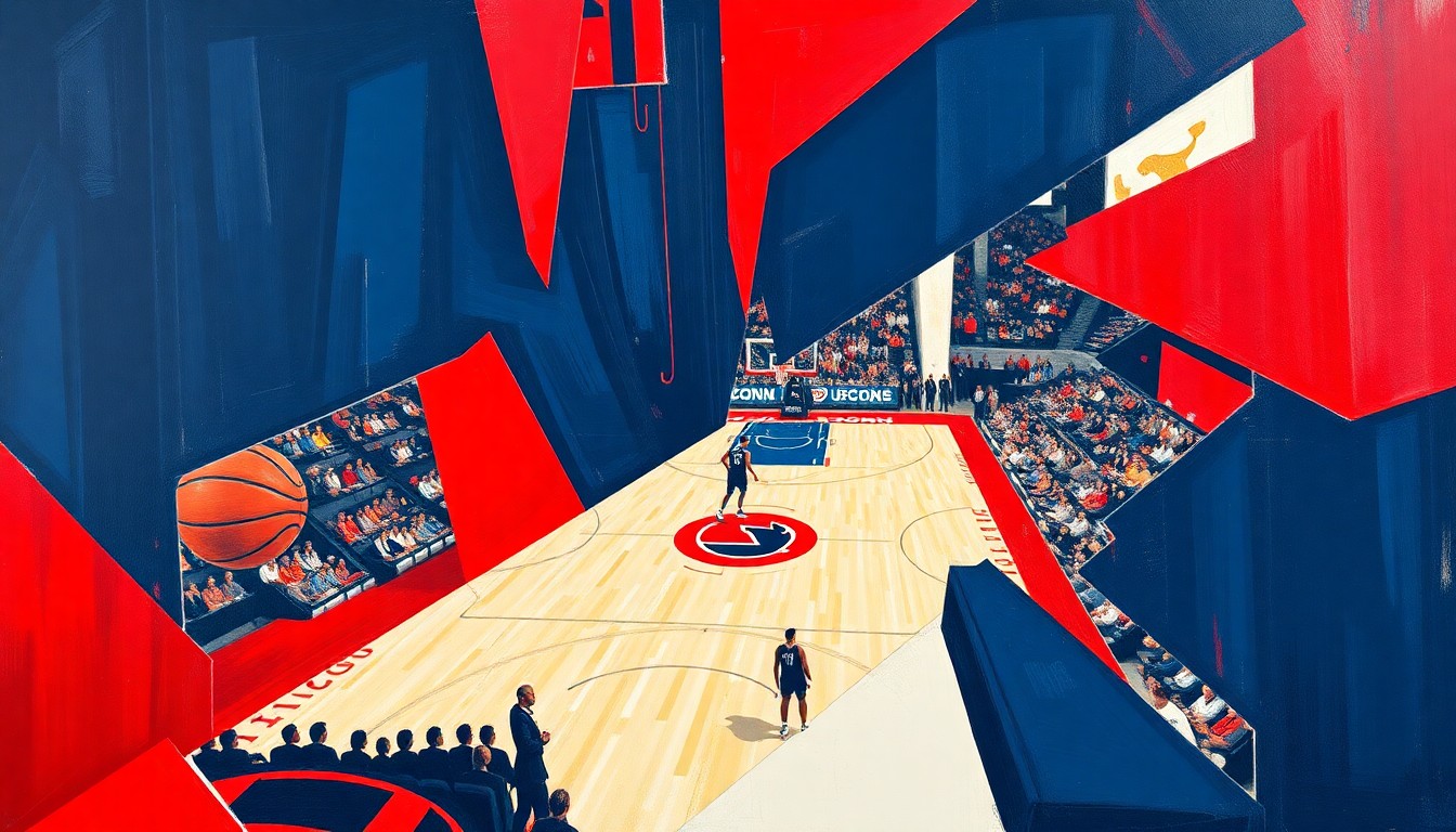 A fractured, geometric painting in bold colors depicting a UConn women's basketball game, with overlapping planes and shapes representing the program's enduring legacy of excellence.