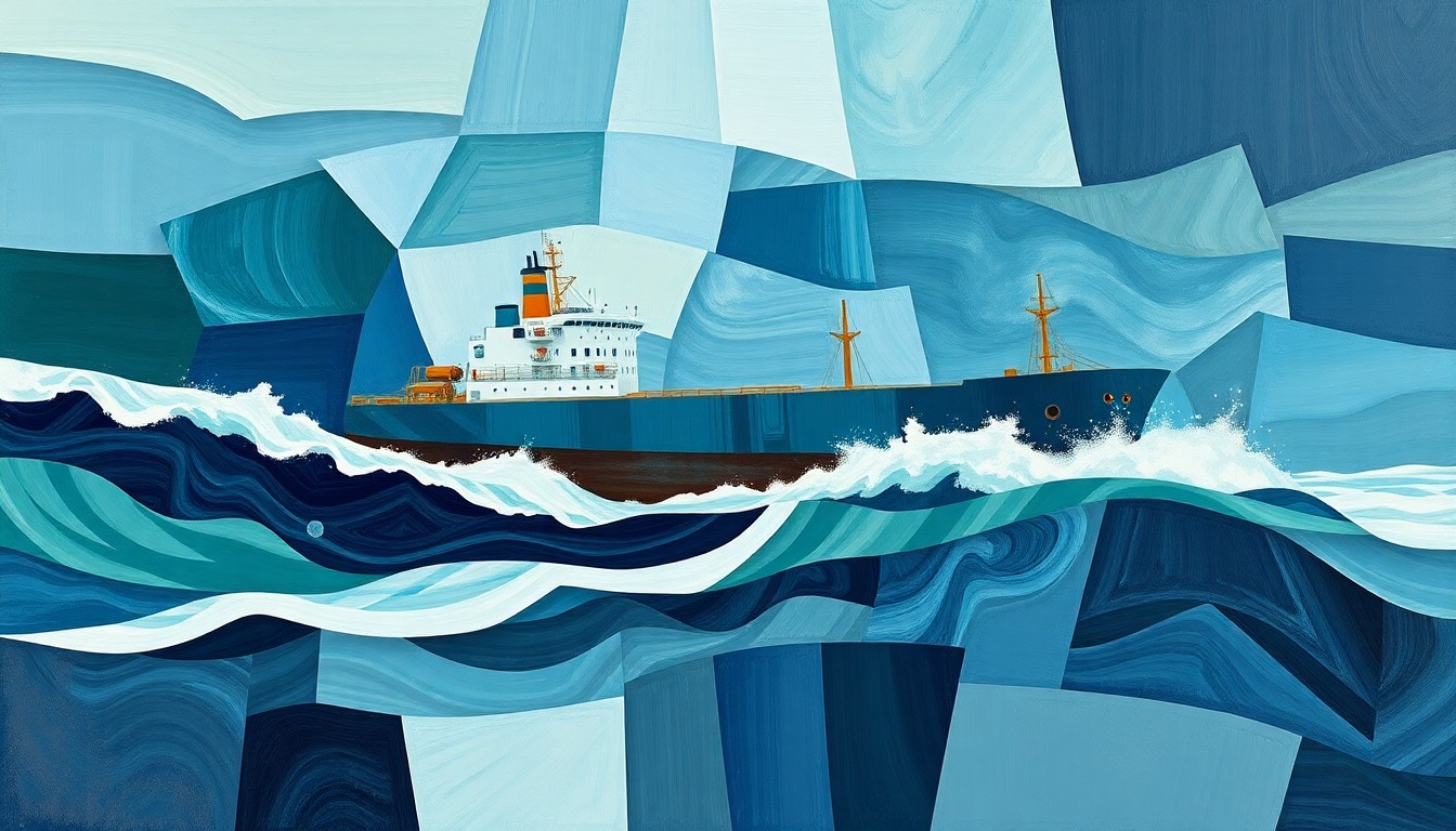 A fractured, abstract painting depicting an oil tanker in motion, with overlapping geometric shapes and waves of deep blues, greens, and grays, conveying a sense of tension and movement in the global oil trade.