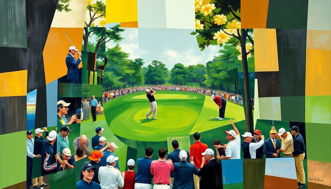 A fragmented, geometric painting depicting the dynamic golf action at the Masters, with sharp planes of color and form representing the competitive spirit of the tournament.