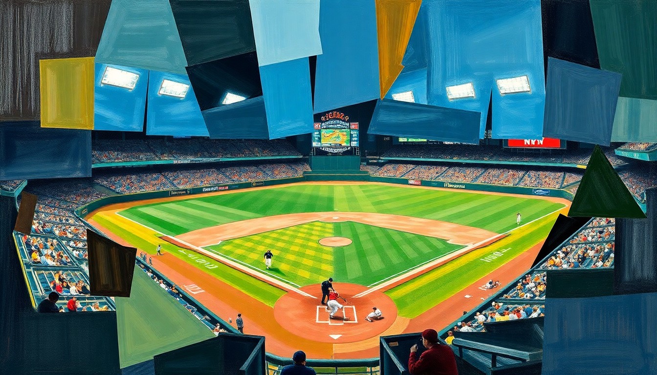 A cubist-style painting depicting a baseball game or match, with the action broken down into sharp, overlapping geometric shapes and planes in vibrant colors, conveying the dynamic and evolving nature of sports broadcasting.
