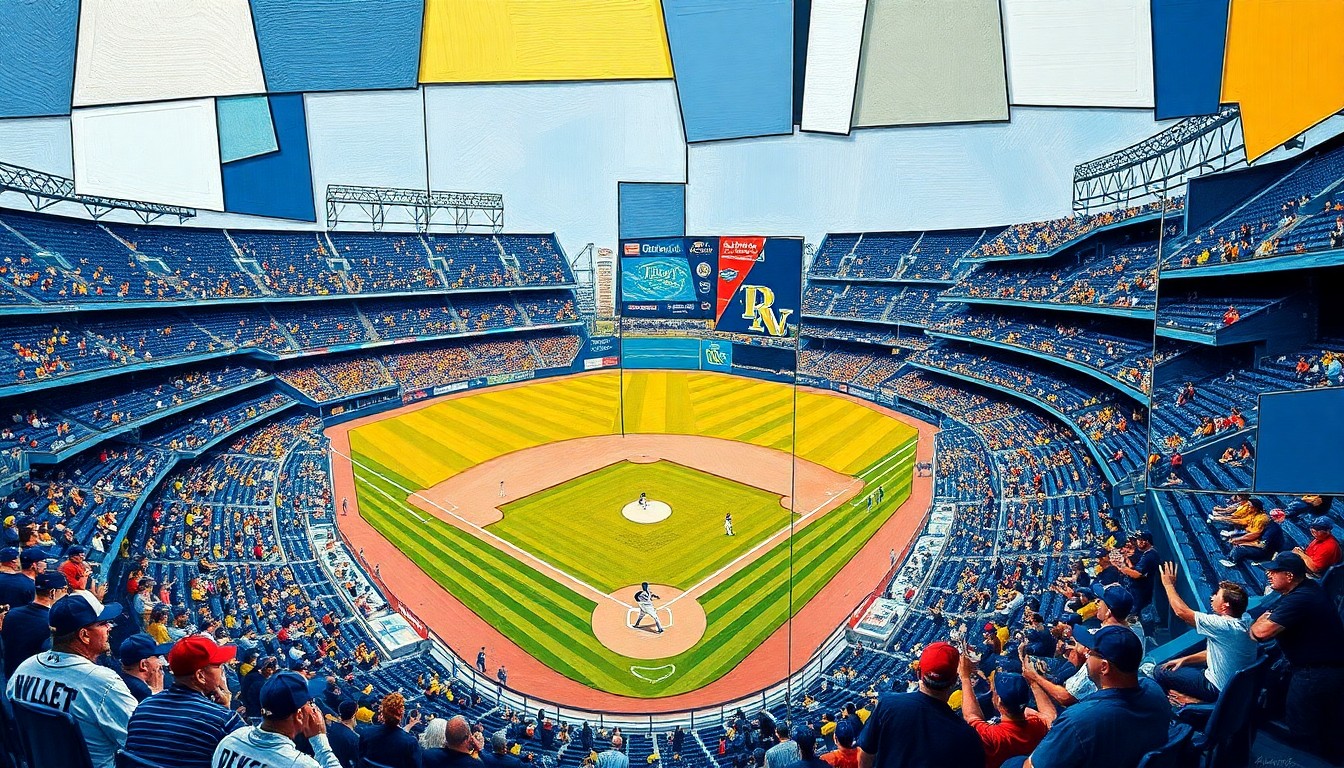 A cubist, geometric painting depicting a fragmented baseball stadium, players, and fans in the Rays' team colors of navy blue, powder blue, and gold, conveying the complex tensions and high stakes surrounding the team's stadium negotiations.