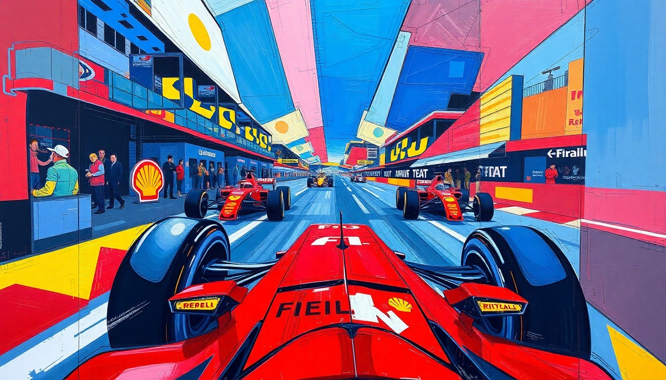 A cubist, geometric painting depicting an abstract F1 race scene, with sharp, overlapping planes of vibrant colors representing the collaborative approach of the new race director.