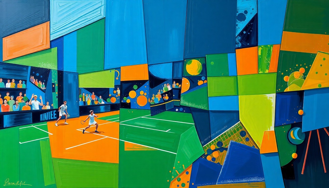 A cubist, geometric painting depicting a tennis match or tournament action, with sharp, overlapping planes of color representing the dynamic movement and competition on the court.