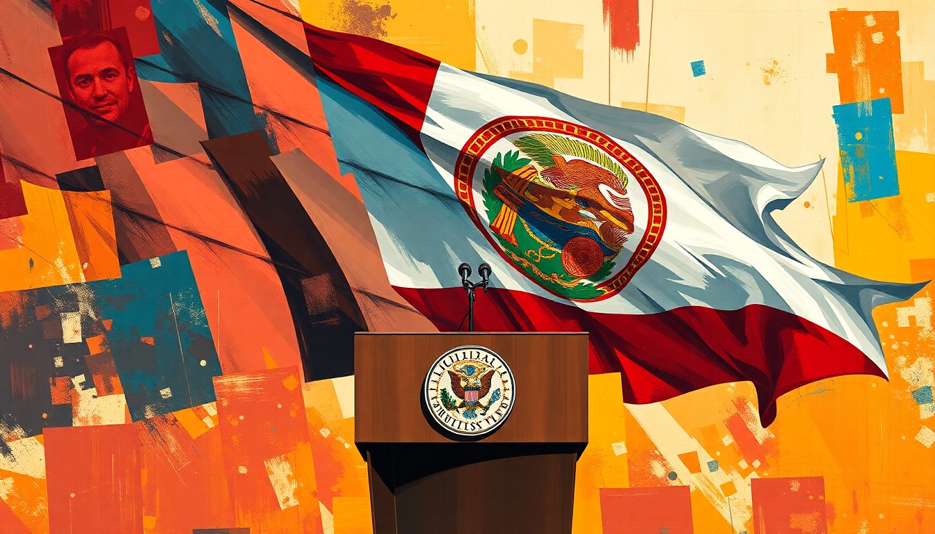 A dynamic, abstract painting featuring a fractured, overlapping geometric representation of a politician's podium and the Florida state flag, conveying the energy and tension of a high-stakes political race.