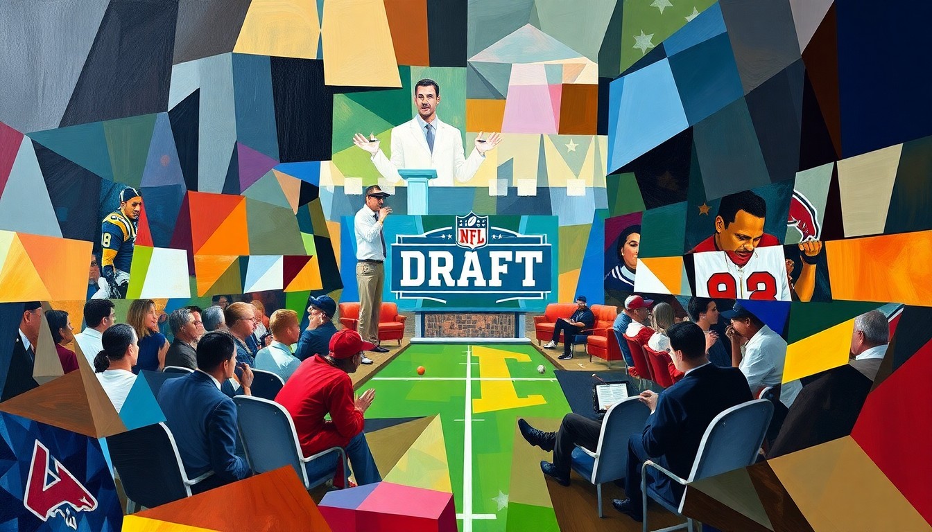 A fragmented, cubist-style painting depicting the chaotic energy and high-stakes decision-making of the NFL Draft, with sharp geometric shapes and overlapping planes of color representing the strategic tension of the event.