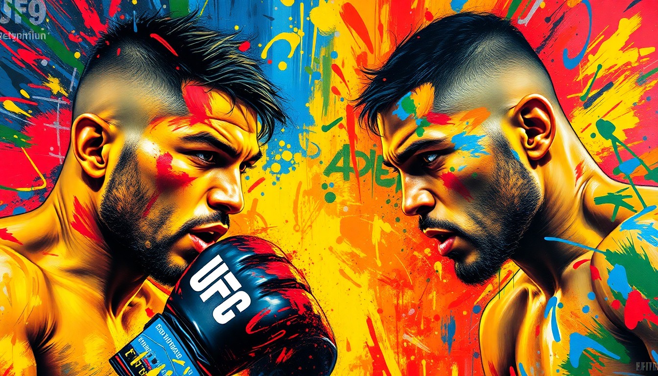 A vibrant, expressionist painting in neon colors depicting the intense rivalry and physical energy of two UFC fighters, their faces and figures dissolving into abstract brushstrokes.
