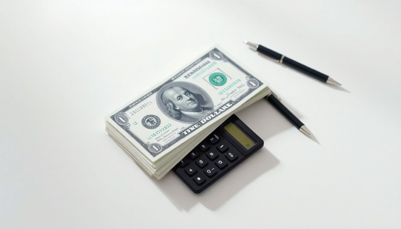 A clean, minimalist studio photograph featuring a stack of dollar bills, a calculator, and a pen, symbolizing the financial pressures and pricing decisions companies are navigating in the wake of the Iran conflict.