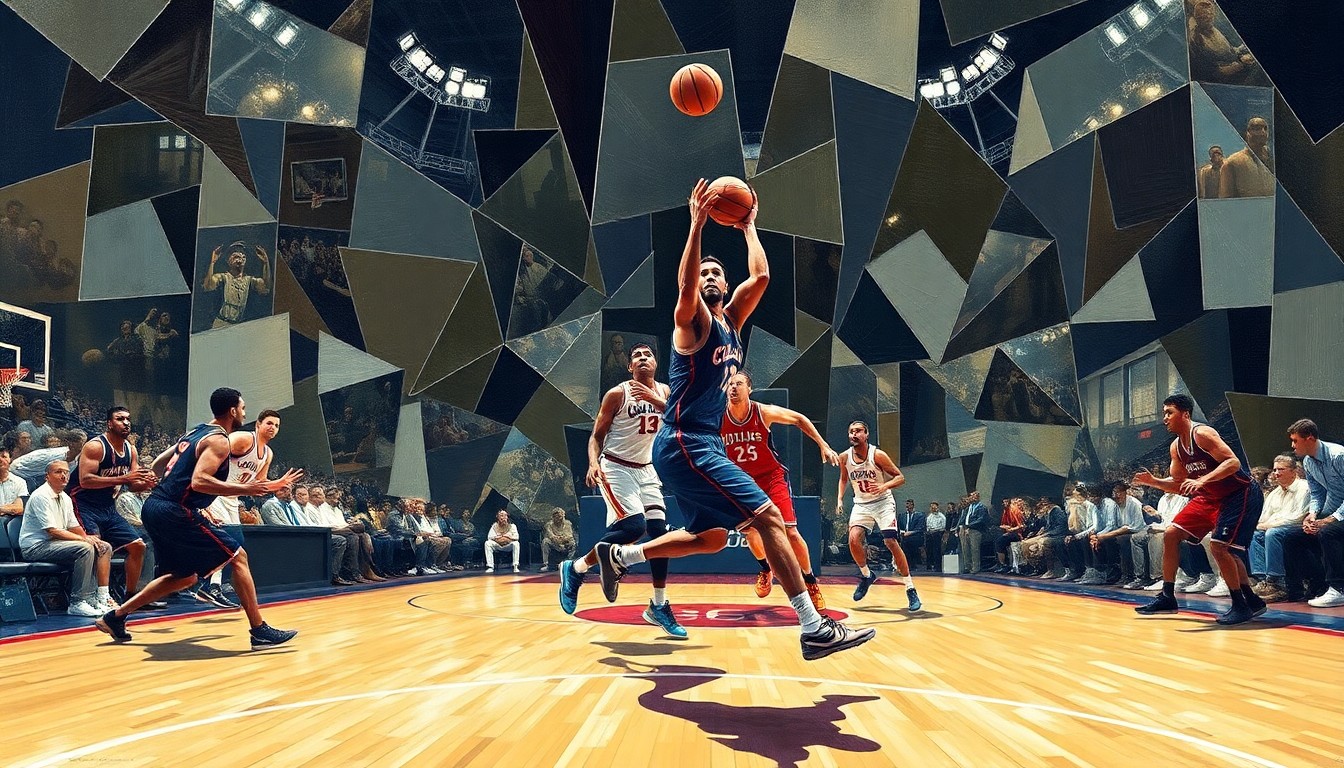 A fragmented, geometric painting depicting the dynamic movements and energy of a basketball game, with the players' forms abstracted into sharp, overlapping planes of color and shape.