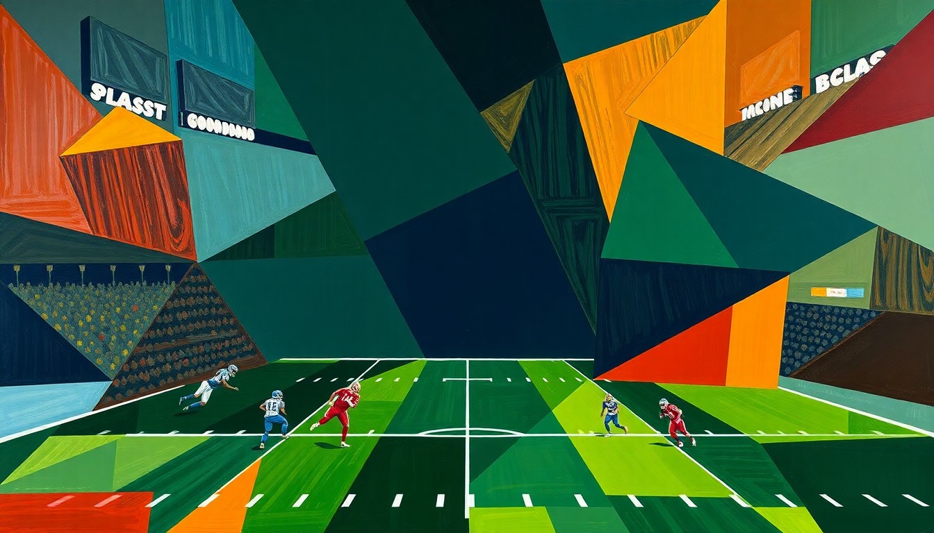 A cubist-style painting featuring overlapping geometric shapes and planes in navy, green, and orange, conceptually representing the fragmented and complex nature of the NFL's media rights distribution.