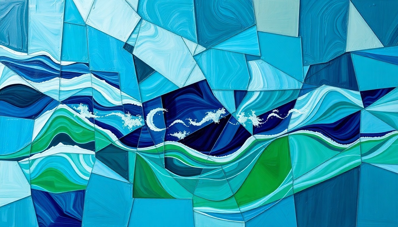 A dynamic, abstract painting featuring overlapping, fractured geometric shapes in shades of blue, green, and gray, representing the geopolitical complexities surrounding the Strait of Hormuz.
