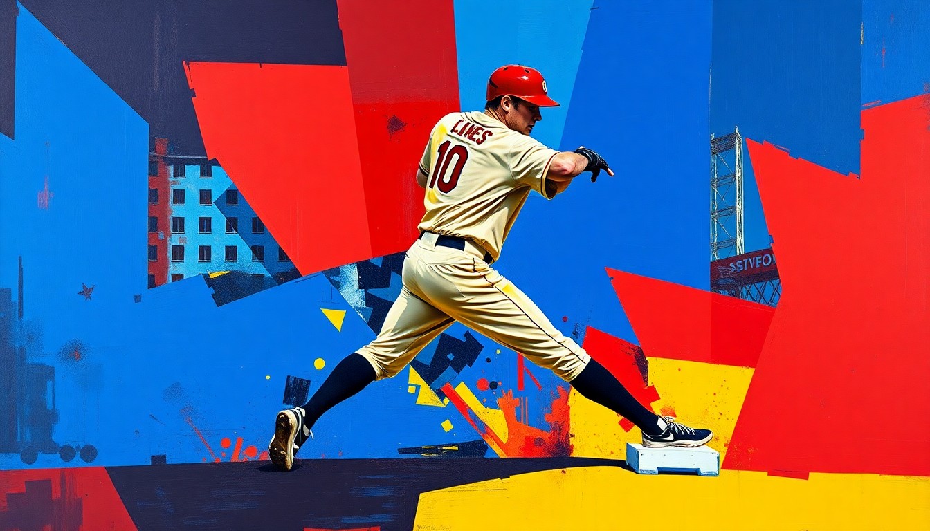 A cubist-style painting depicting a baseball shortstop's defensive movements broken down into sharp, overlapping geometric shapes in vibrant colors, conveying the complex challenges and high expectations surrounding Trevor Story's defensive performance for the Red Sox.