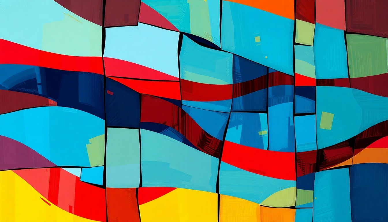 A dynamic, abstract painting of overlapping, fragmented geometric shapes in bold, contrasting colors, conceptually representing the volatility and potential for misuse in prediction markets.