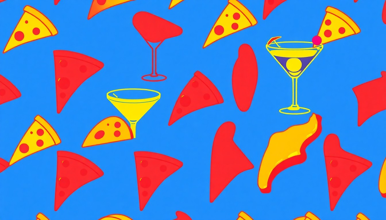 A high-contrast silkscreen print in neon colors depicting a repeating pattern of a single, iconic chicken tender or pizza slice, conceptually representing the diverse menu offerings of The Drunken Crow's new location.