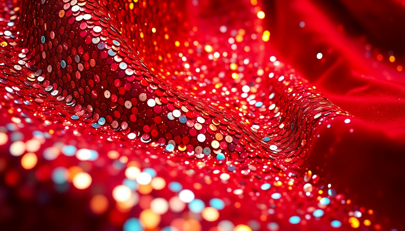 An abstract, high-contrast close-up photograph of shimmering sequins and plush velvet textures, conveying the glamour and energy of the entertainment industry.
