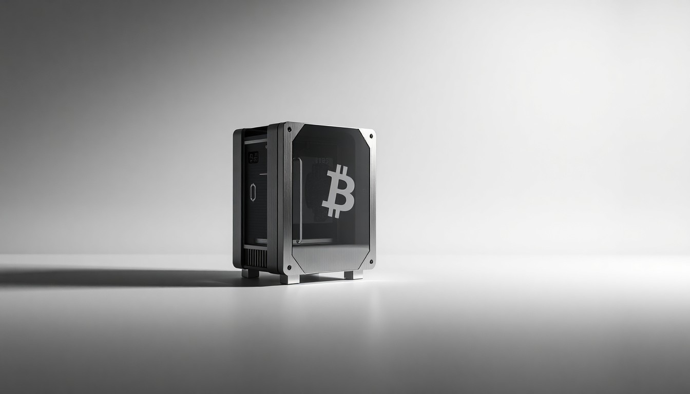 A highly detailed, photorealistic studio still life depicting a sleek, geometric Bitcoin mining rig made of polished metal and glass, floating on a clean, monochromatic background and dramatically lit to symbolize the abstract concepts of cryptocurrency, energy, and computing power.