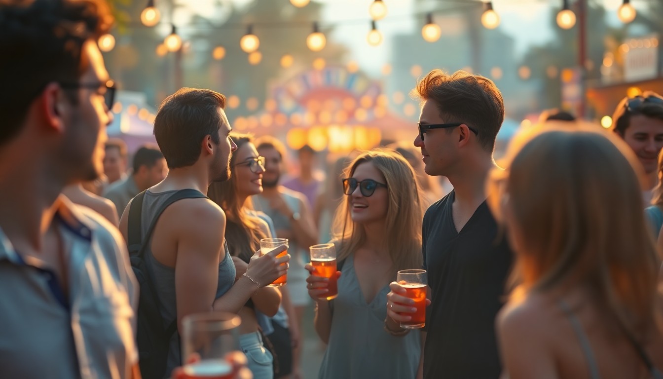An abstract, impressionistic scene of blurred figures enjoying drinks and socializing at an outdoor festival, with soft, warm lighting and color creating a sense of energy and celebration.