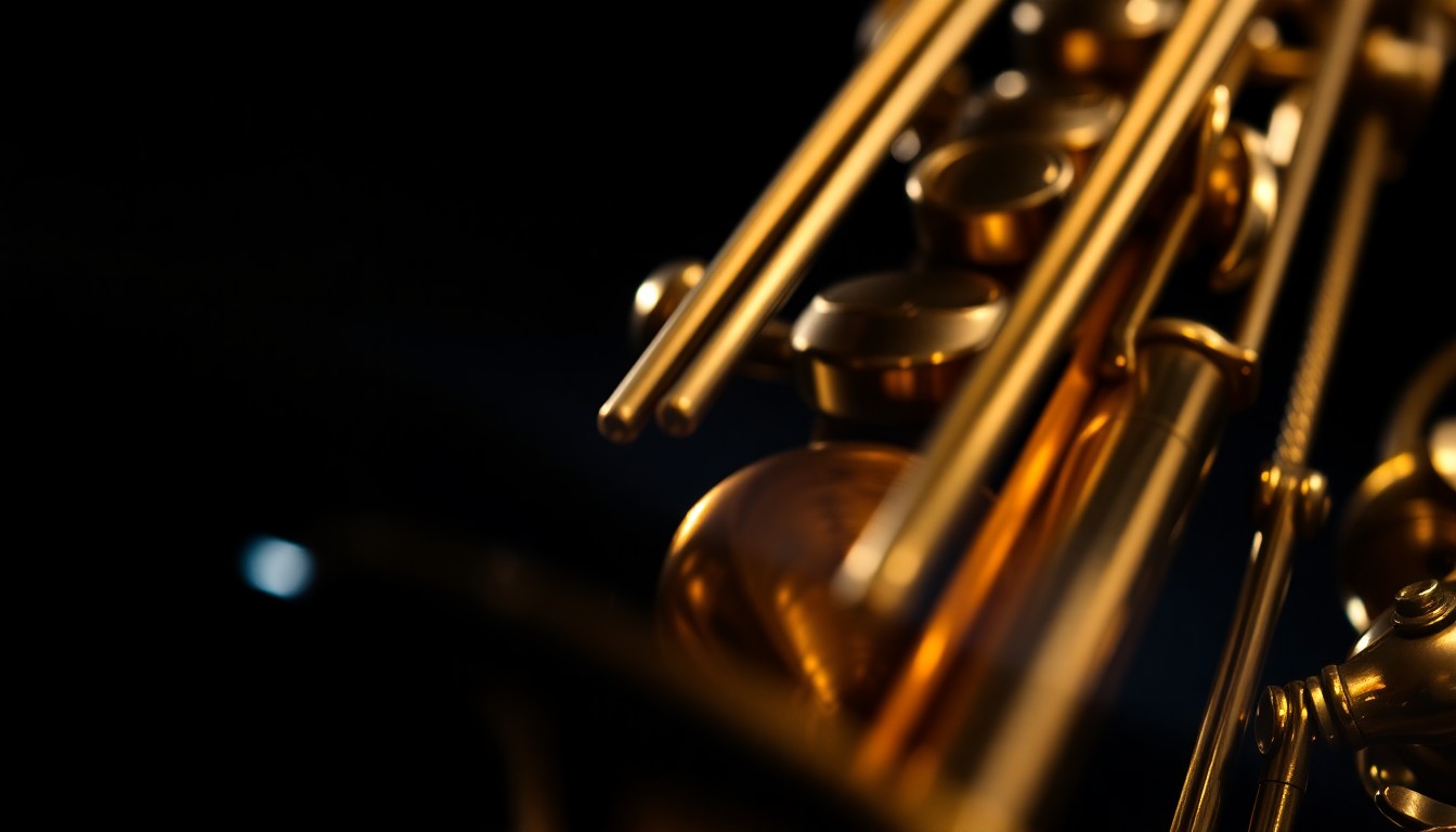 An extreme close-up photograph of a saxophone bell, capturing the intricate metallic textures and glossy reflections of the instrument under dramatic studio lighting.
