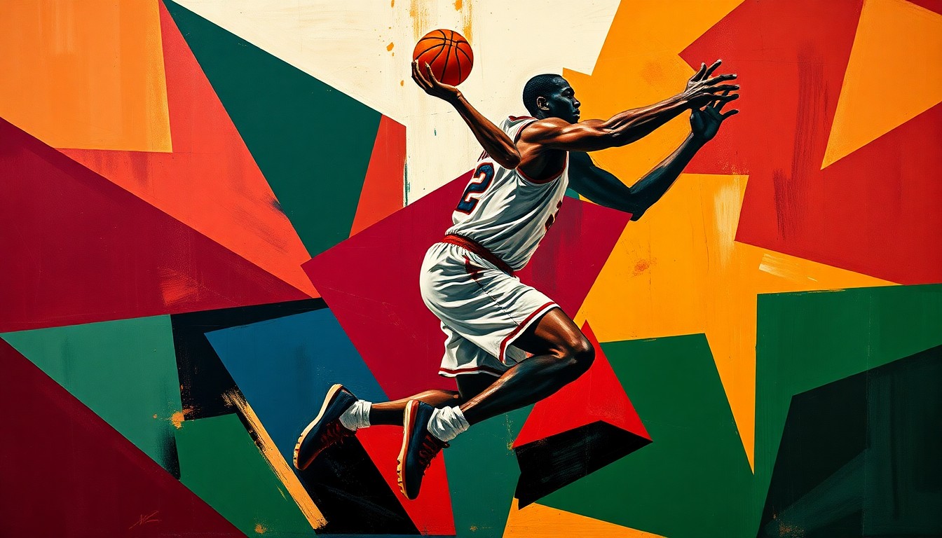 A fractured, geometric painting in deep burgundy, navy, and forest green tones, depicting the abstract form of a basketball player's body in motion, conveying the recovery process after a medical procedure.