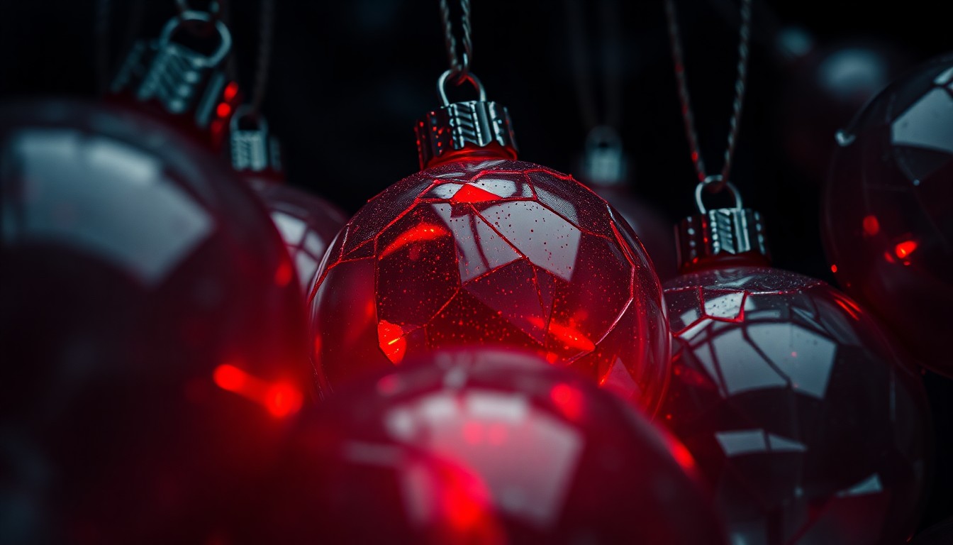 An abstract close-up image of shattered glass ornaments reflecting a faint red light, conveying the dark and suspenseful tone of the upcoming holiday horror movie.