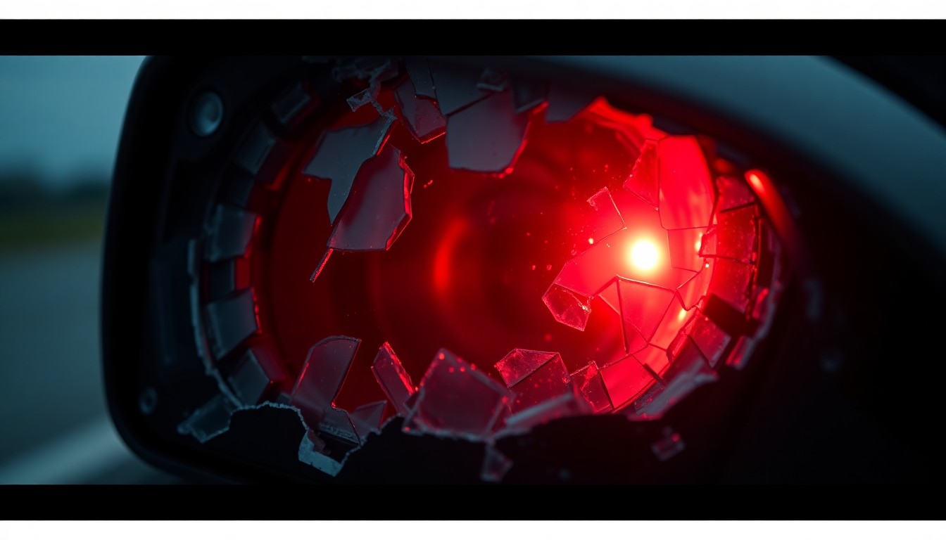 An extreme close-up of a shattered car sensor lens reflecting a faint red light, conceptually illustrating the aftermath of a high-speed highway crash.