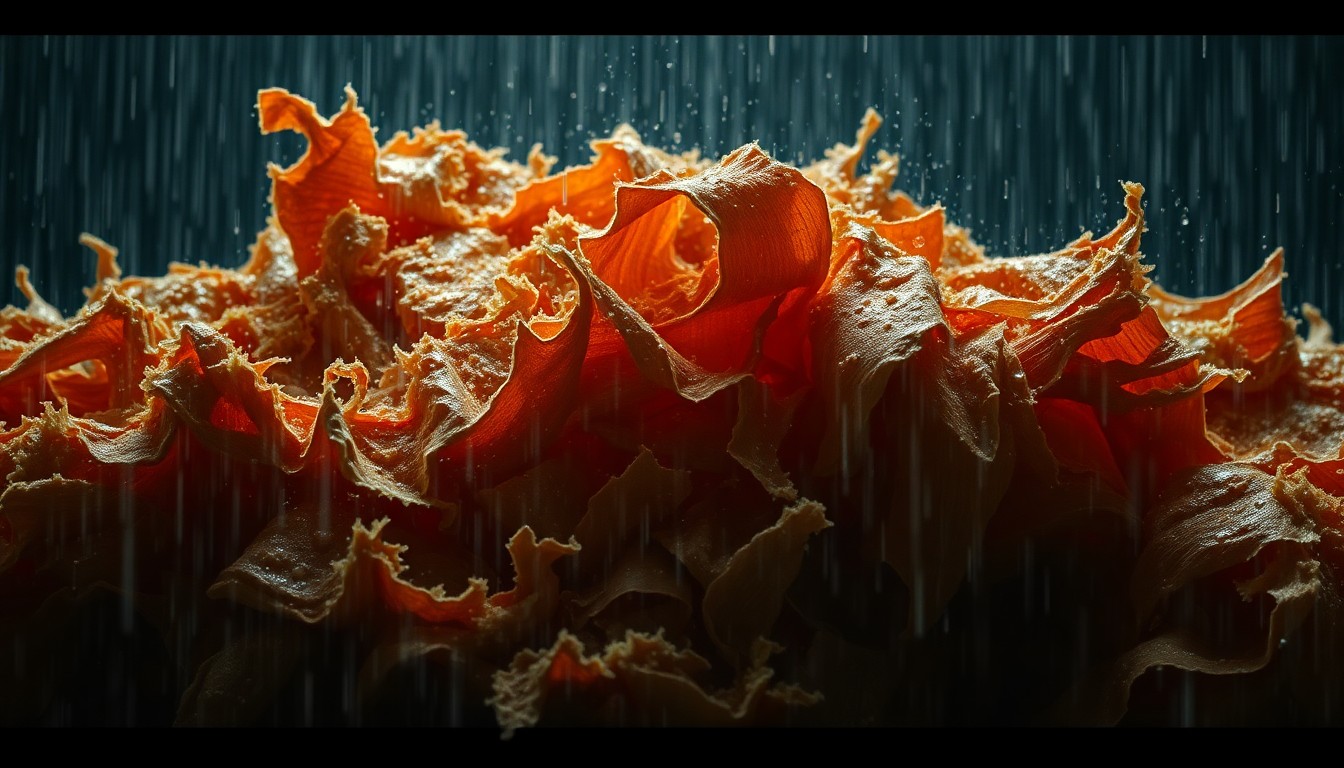 An abstract, high-contrast close-up photograph of a shredded, rain-drenched fabric texture, conveying the chaotic and dramatic atmosphere of a powerful hurricane.