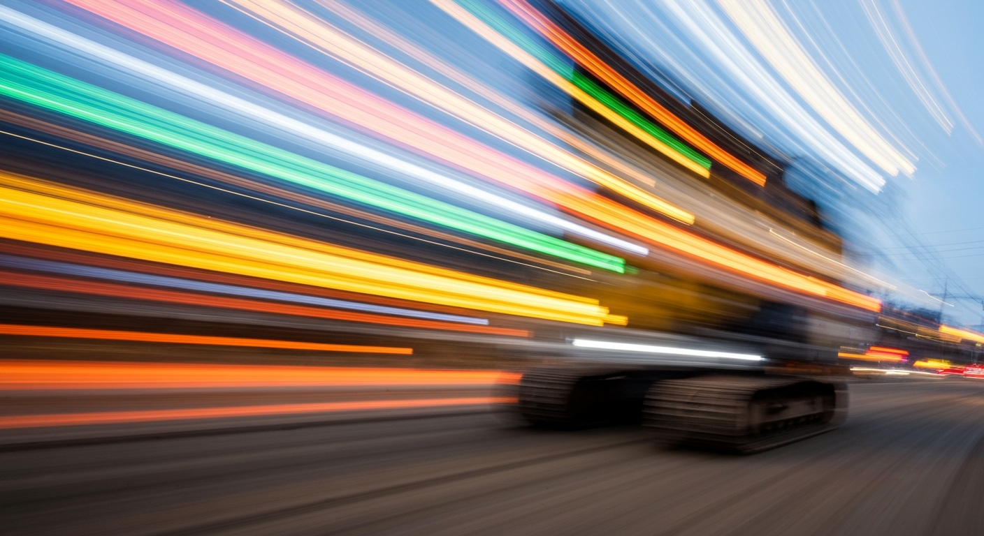 Sweeping, abstract streaks of vibrant color and motion blur depicting a construction vehicle on a road, conceptually representing the dynamic changes underway on Cole Road.
