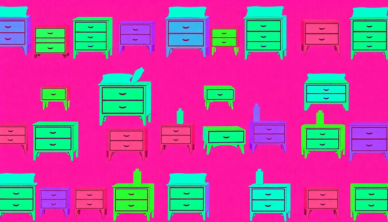 A high-contrast, silkscreen-style illustration of a modern wooden dresser repeated in a grid pattern, rendered in vibrant neon colors and heavy black outlines to capture the essence of American-made, design-forward home furnishings.