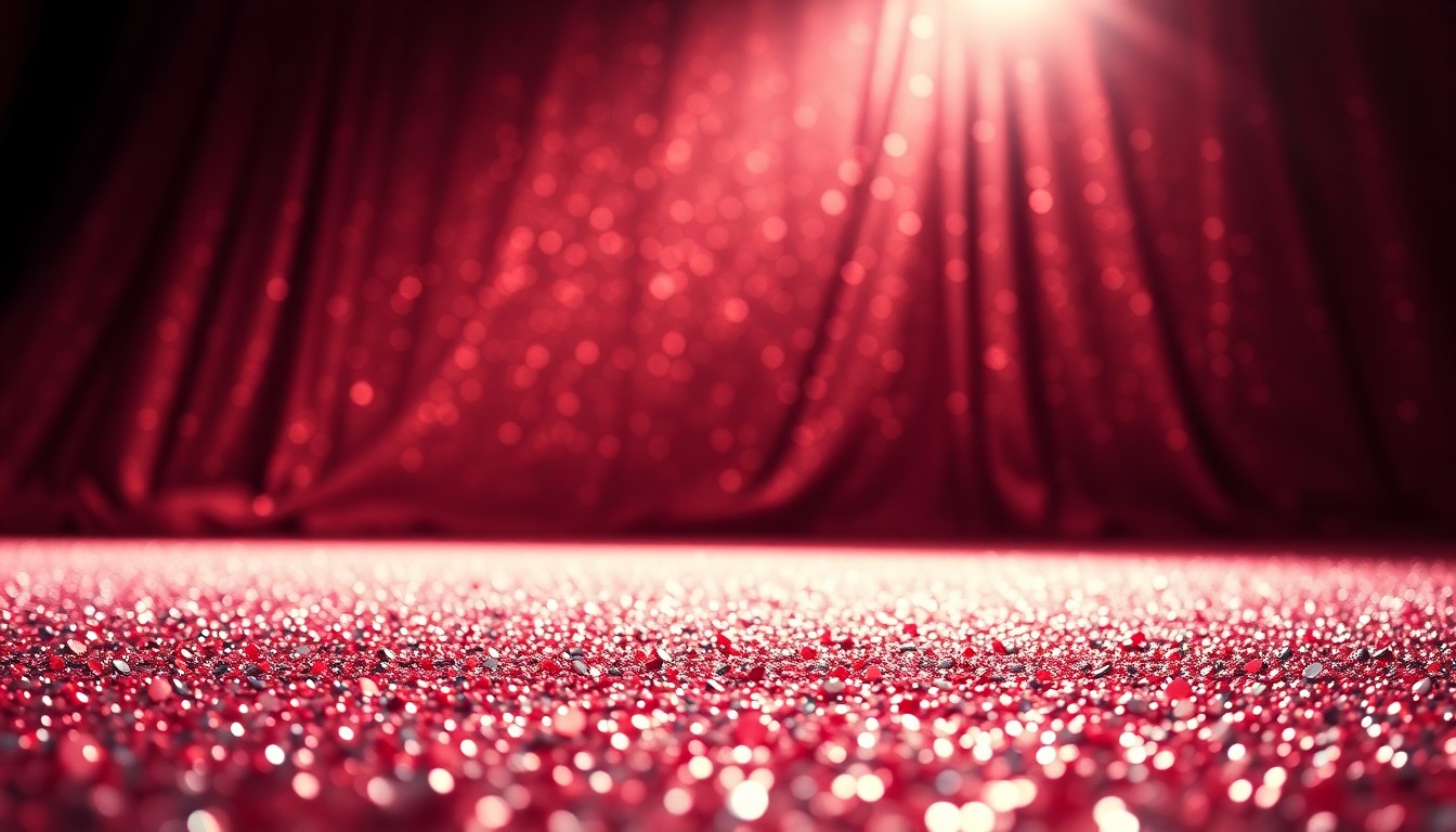 An extreme close-up of shimmering, glittering sequins captured in dramatic, high-contrast studio lighting, conveying the glamour and luxury of Hollywood red carpets.