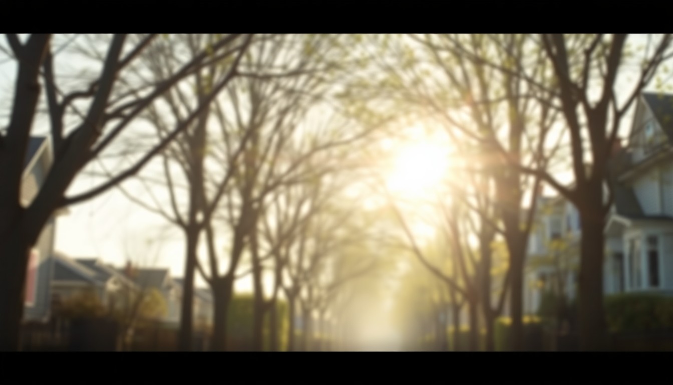 An extremely abstracted, out-of-focus photograph of a neighborhood street in springtime, with soft, warm pools of light filtering through the branches of young trees lining the road, creating a serene and inviting atmosphere.