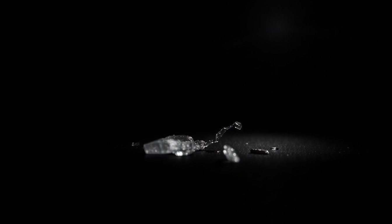 An extreme close-up photograph of a broken piece of glass or other crime-related object, lit by a harsh, direct camera flash against a pitch-black background, creating a stark, gritty, investigative aesthetic.