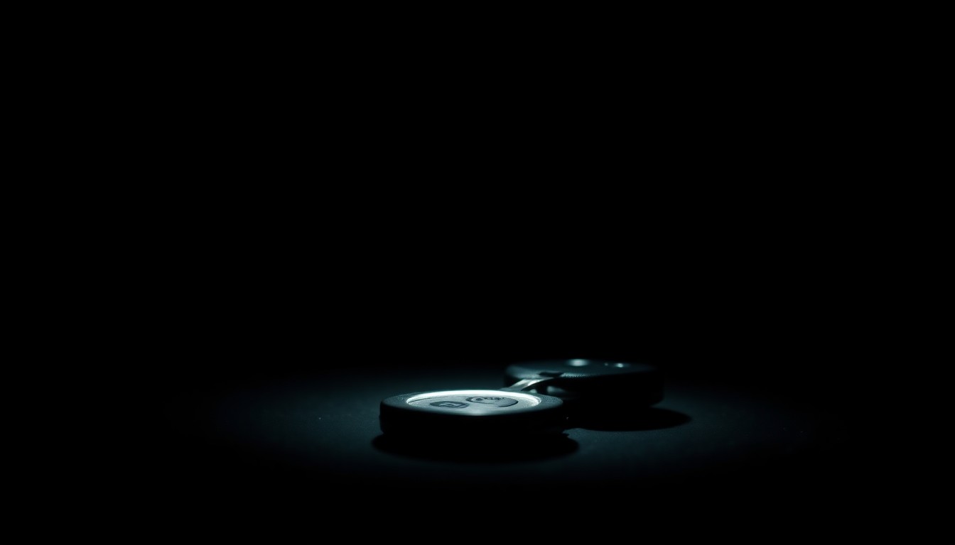 An extreme close-up photograph of a car key fob against a pitch-black background, conveying a stark, gritty investigative aesthetic without any text or identifying details.