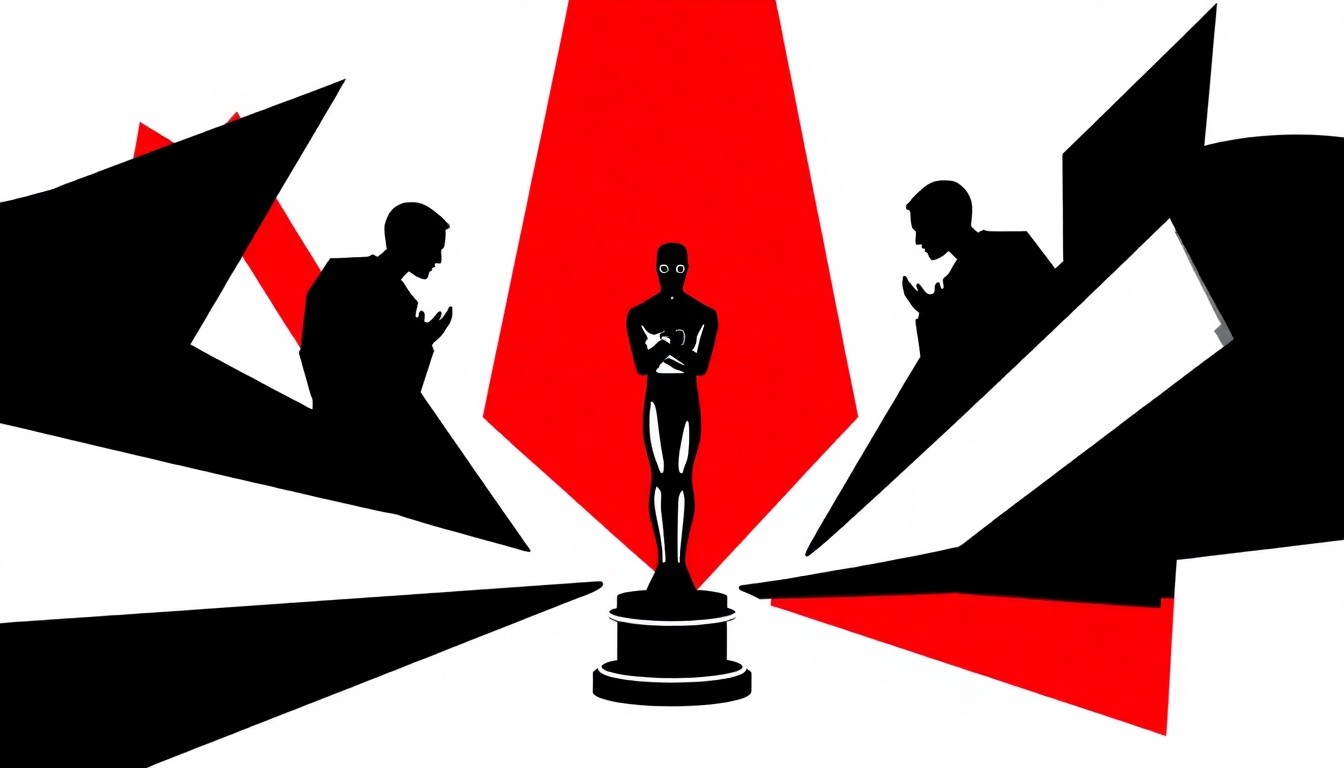 An abstract, minimalist illustration featuring bold, jagged shapes in high-contrast red and white, conceptually representing the glamour and prestige of the Oscars ceremony.