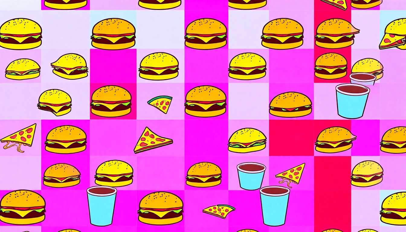 A brightly colored, high-contrast silkscreen print of a single, iconic food item repeated in a tight grid pattern, conceptually representing the diverse dining options available at the new Wonder food hall in Bel Air.