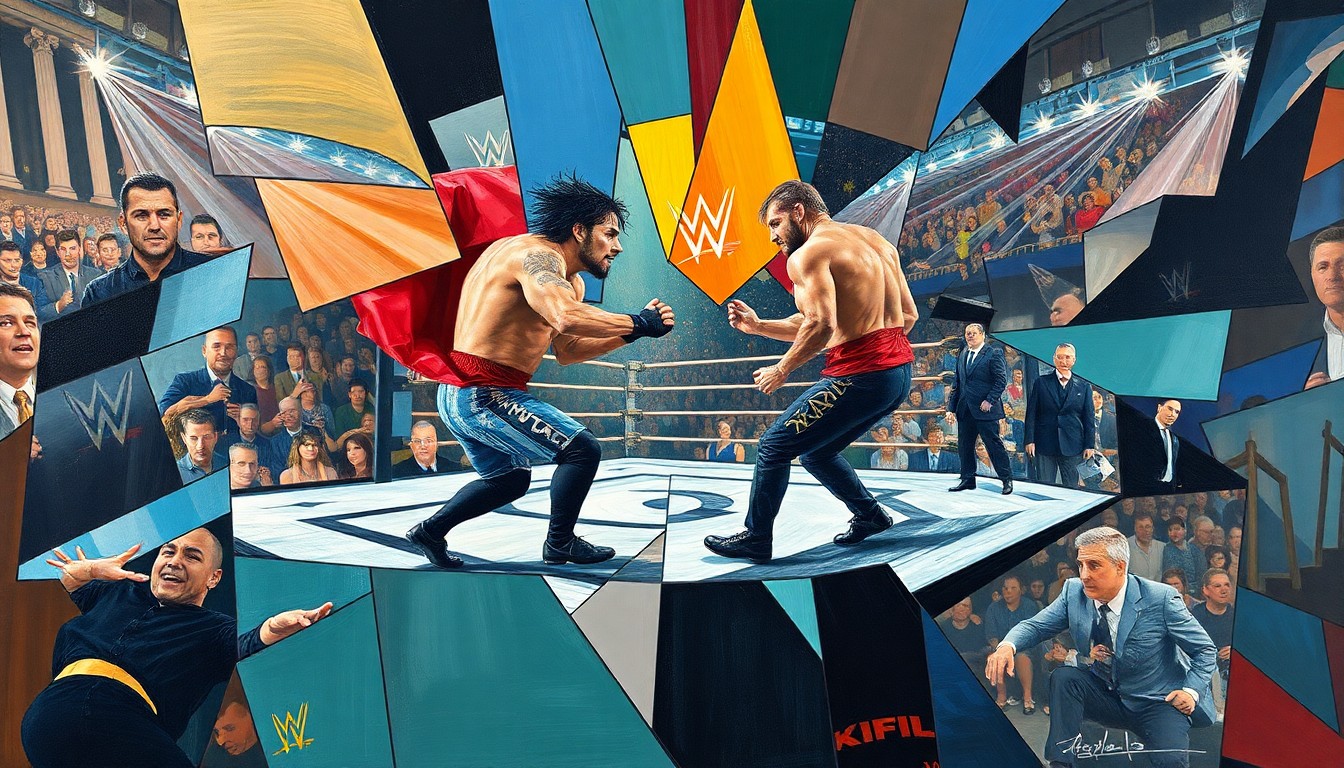 A dynamic, abstract painting featuring sharp geometric shapes and planes of color, conceptually representing the intensity and unpredictability of a WWE match.